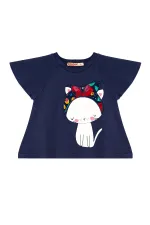 Çiçekli Kedi Kız Çocuk T-shirt Poplin Şort Takım