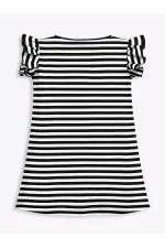 Black and White Striped Girl's Dress with Red Daisy Pockets