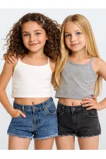 Kız Çocuk Gri Beyaz Crop Askılı 2'li Takım