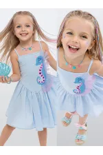 Seahorse Girl's Ruffled Blue Dress