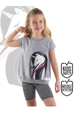 Elegant Unicorn Girl's Grey and Black Tunic and Leggings Set
