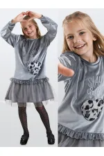 Robe en velours gris à poches pour fille, imprimé léopard