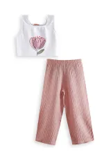Çiçekli Kız Çocuk Pembe Müslin Pantolon Takımı