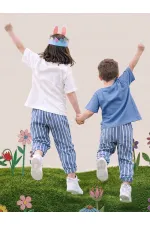 Blue and White Striped Unisex Kids' Trousers
