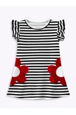 Black and White Striped Girl's Dress with Red Daisy Pockets