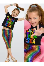 Renkli Varak Kız Çocuk Crop T-shirt Tayt Takım