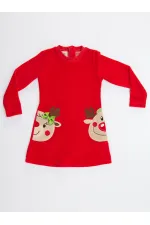 İkiz Geyik Kız Kadife Kırmızı Yılbaşı Elbisesi