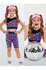 Renkli Zebra Crop Top Kız Çocuk Spor Tayt Takım