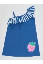 Strawberry Patterned Woven Girl's Navy Blue Dress
