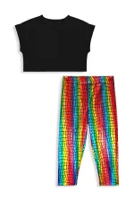 Renkli Varak Kız Çocuk Crop T-shirt Tayt Takım
