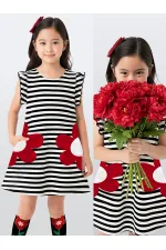 Black and White Striped Girl's Dress with Red Daisy Pockets