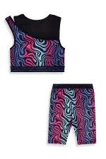 Renkli Zebra Crop Top Kız Çocuk Spor Tayt Takım