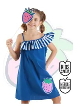Strawberry Patterned Woven Girl's Navy Blue Dress