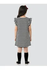 Black and White Striped Girl's Dress with Red Daisy Pockets
