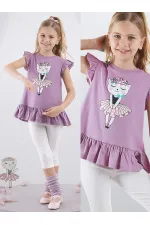 Floral Cat Girl's Purple T-shirt and Leggings Set