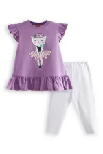 Floral Cat Girl's Purple T-shirt and Leggings Set