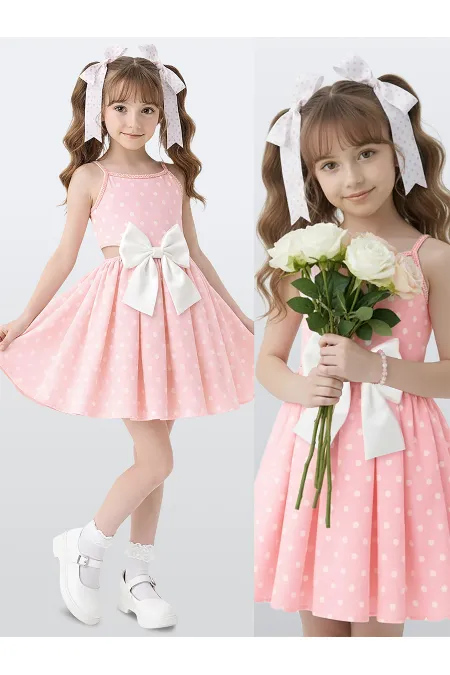 Robe rose à pois pour filles avec ruban blanc