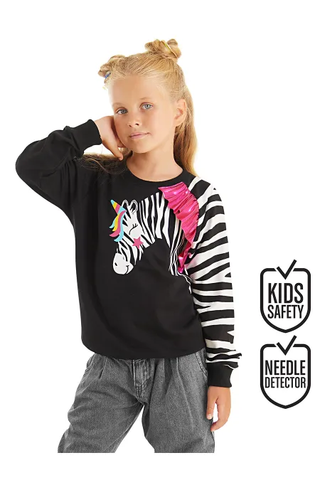 Fırfırlı Zebra Kız Çocuk Siyah Sweat