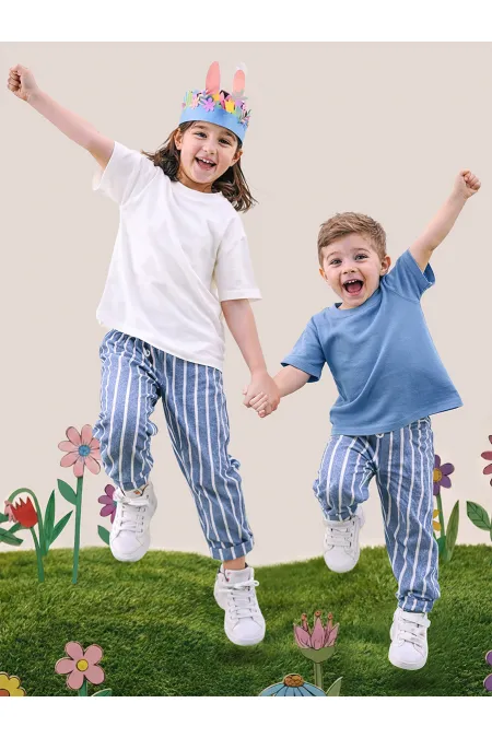 Blue and White Striped Unisex Kids' Trousers