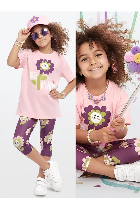Pembe Çiçekler Kız Çocuk T-shirt Tayt Takım