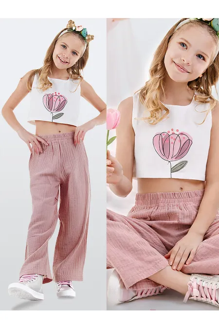 Çiçekli Kız Çocuk Pembe Müslin Pantolon Takımı