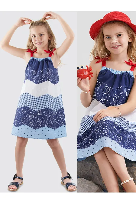 Robe de fille en popeline à motifs bleu marine et blanc