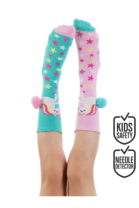 Unicorn Star Girl's Pink Green Knee-High Socks