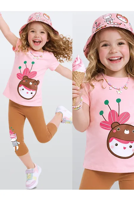 Ayı Şapkalı Kız Çocuk T-shirt Tayt Takım