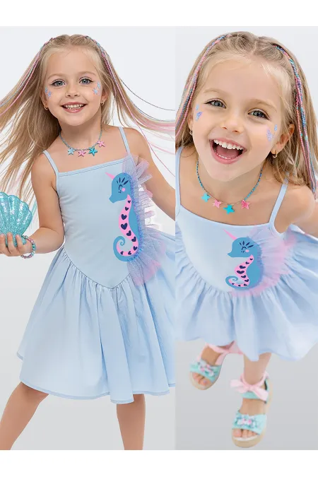 Seahorse Girl's Ruffled Blue Dress