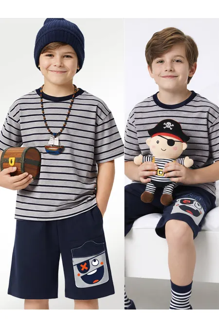 Korsan Erkek Çocuk Çizgili T-shirt Şort Takım
