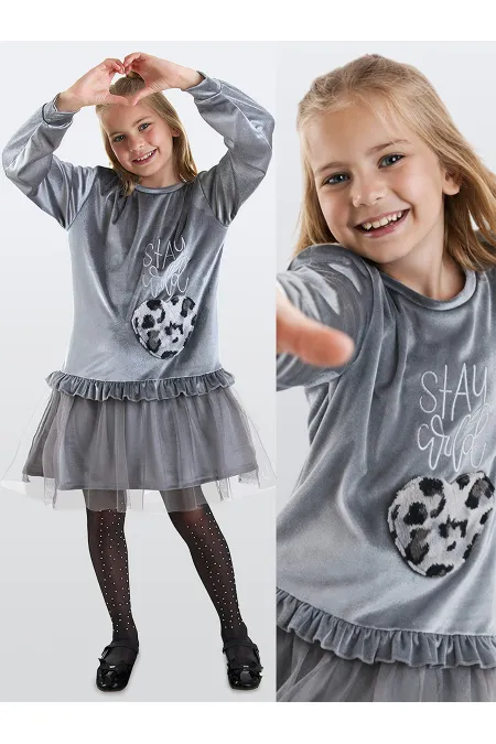 Robe en velours gris à poches pour fille, imprimé léopard