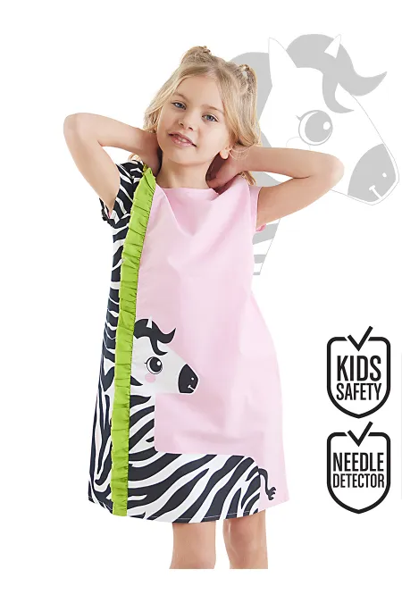 Fırfırlı Zebra Kız Çocuk Pembe Elbise