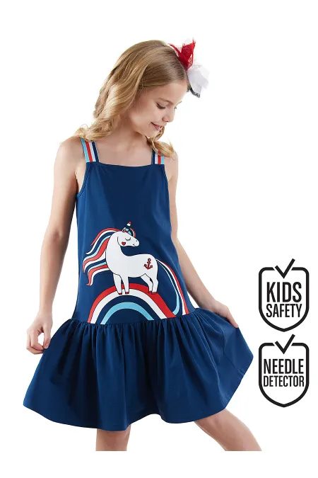 Robe de fille bleu marine à motif licorne marin