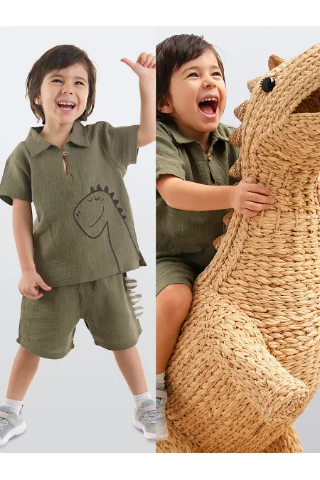 Dino Erkek Bebek Çocuk Müslin Şort Gömlek Takımı Dino Erkek Bebek Çocuk Müslin Şort Gömlek Takımı