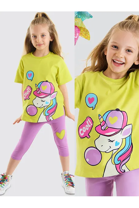 Cool Unicorn Kız Çocuk T-shirt Lila Tayt Takım