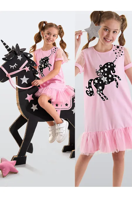 Robe en tulle rose pour filles avec motif licorne étoilée