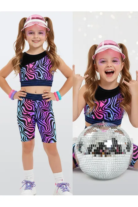 Renkli Zebra Crop Top Kız Çocuk Spor Tayt Takım