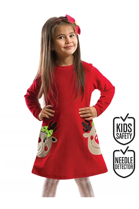 Robe de Noël rouge en velours pour fille aux deux cerfs