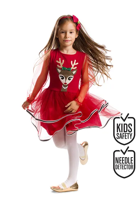 Robe tutu rouge de Noël pour fillette avec motif de rennes en tulle
