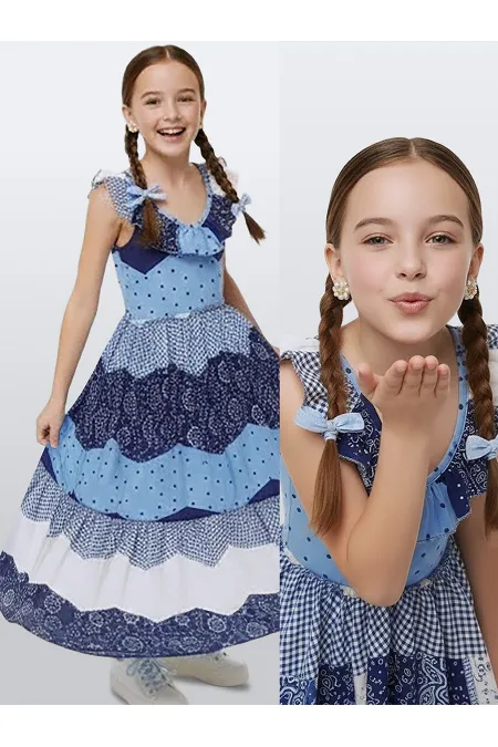 Robe en popeline à motifs bleu marine et blanc pour fille