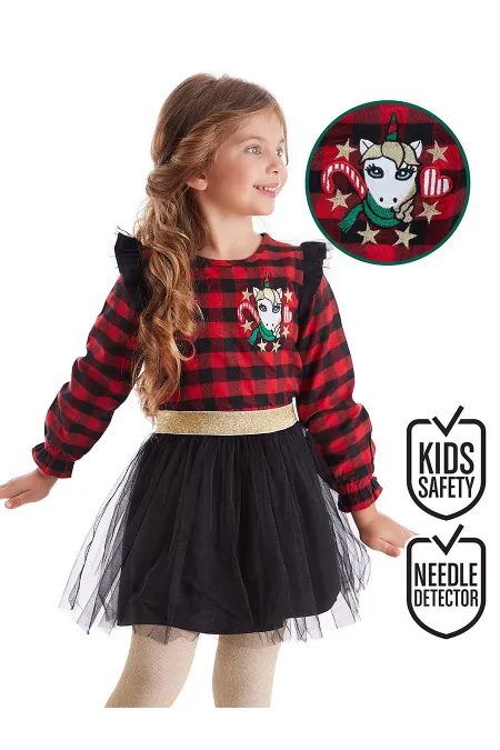 Robe de Noël rouge à carreaux licorne en tulle pour petite fille