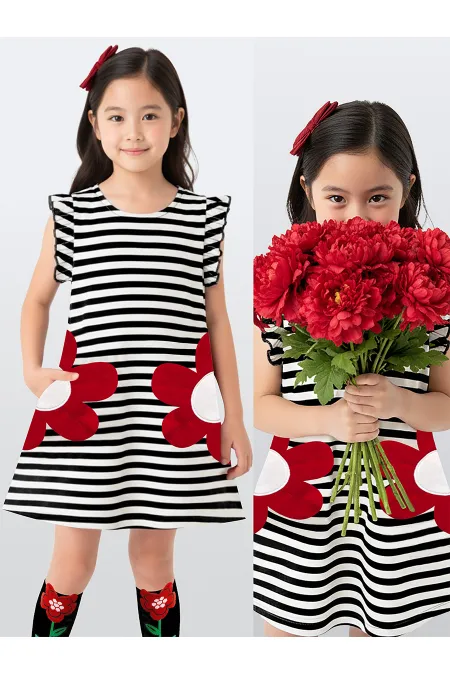Robe rayée noire et blanche pour fille avec poches à marguerites rouges