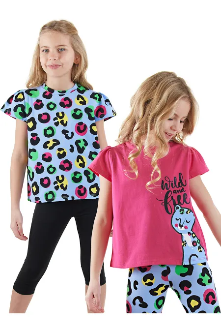 Kız Çocuk Siyah Leopar 2'li T-shirt Takım