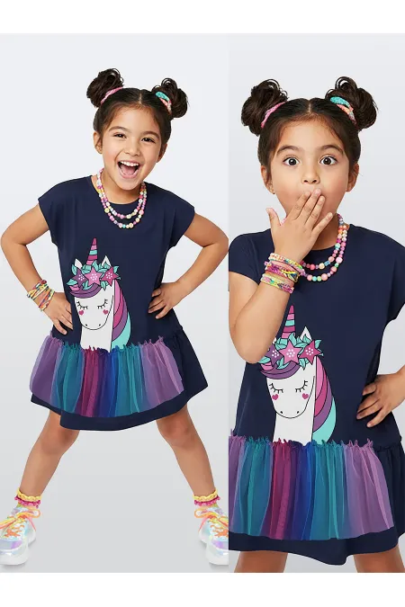 Robe d'été bleu marine en tulle à motif licorne pour fille