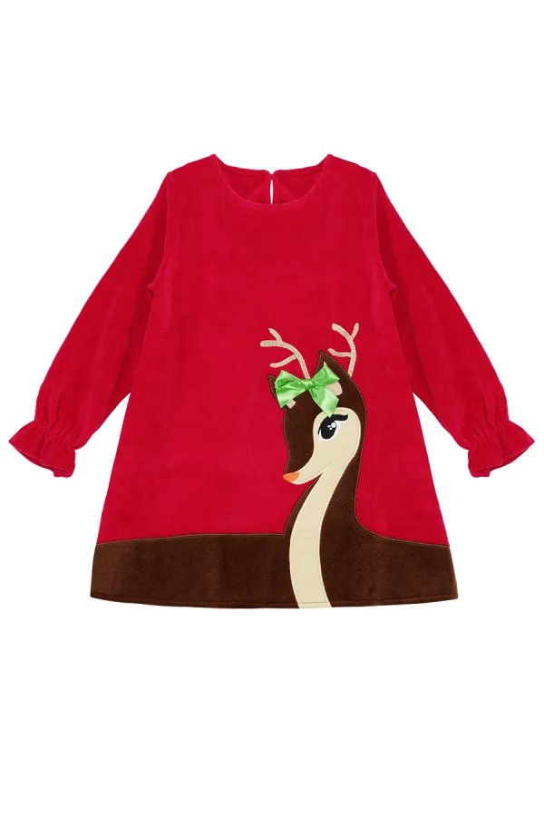 Yavru Geyik Kız Kadife Kırmızı Yılbaşı Elbisesi