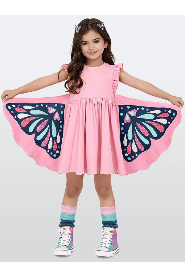 Robe rose à manches papillon pour fille