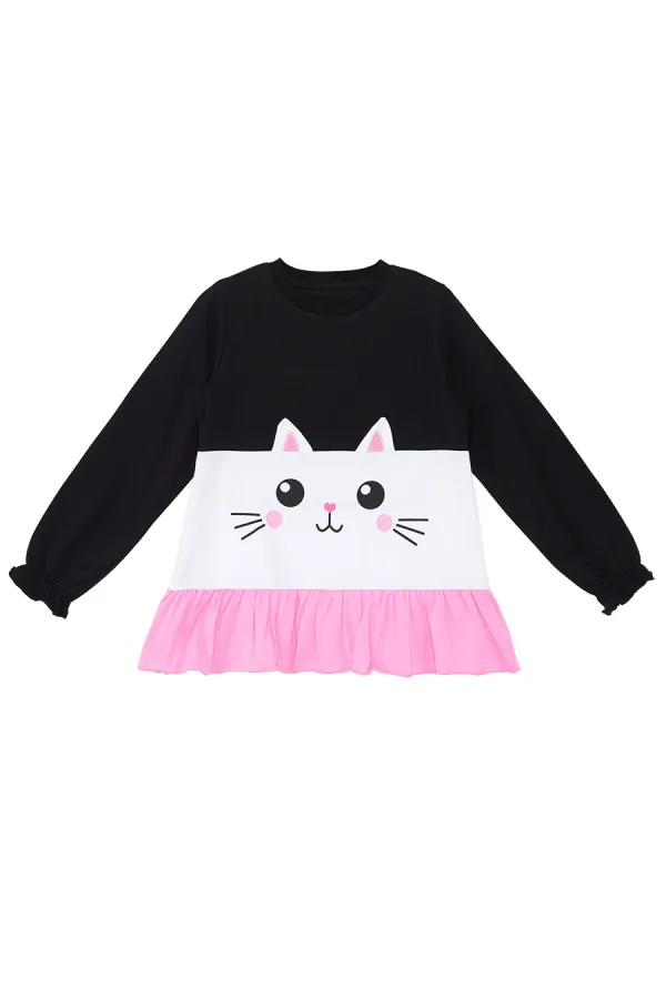 Fırfırlı Beyaz Kedi Kız Çocuk T-shirt Tayt Takım