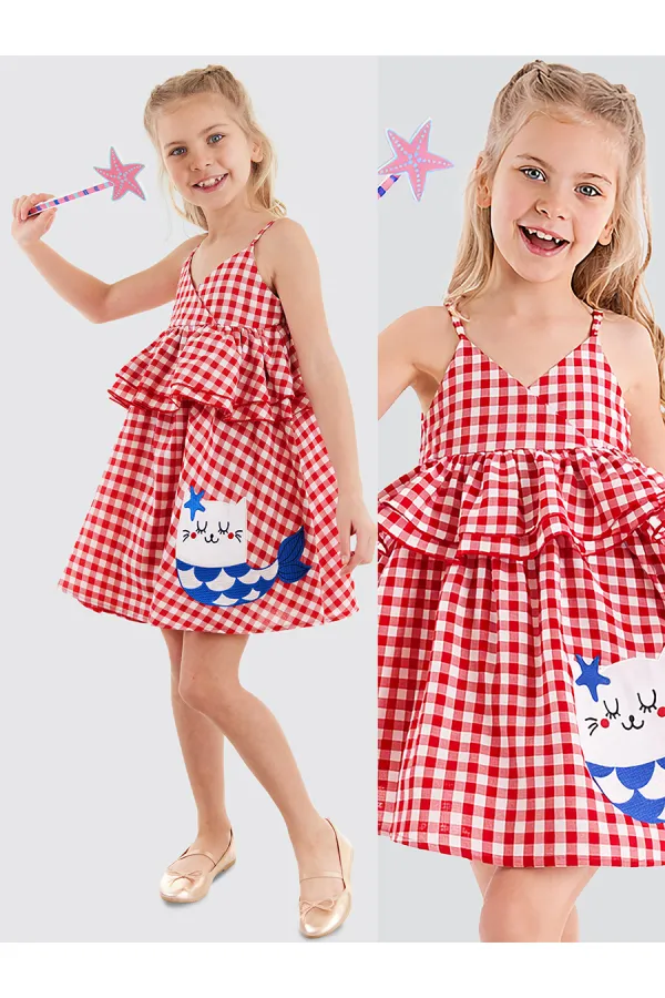 Robe à carreaux rouges pour fille chat de mer