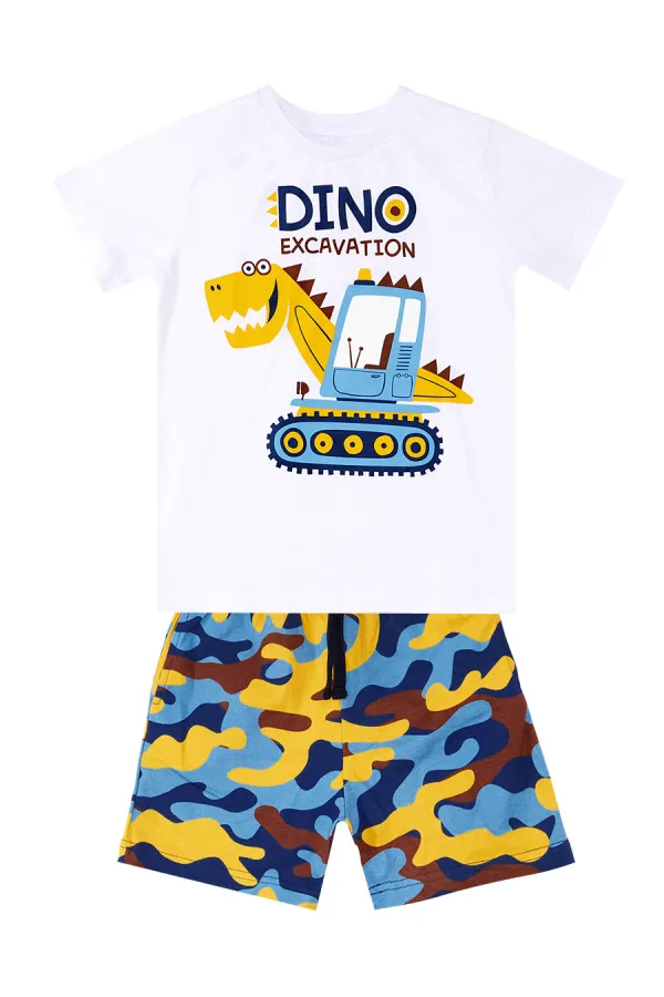 Dino Kazı Erkek Çocuk T-shirt Kamuflaj Şort Takım