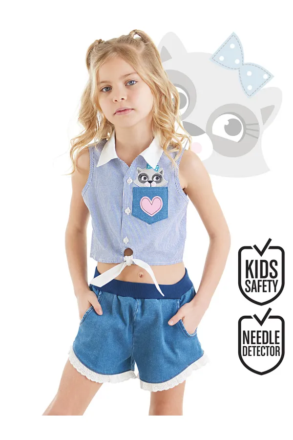 Rakun Kız Gömlek Denim Şort Takım